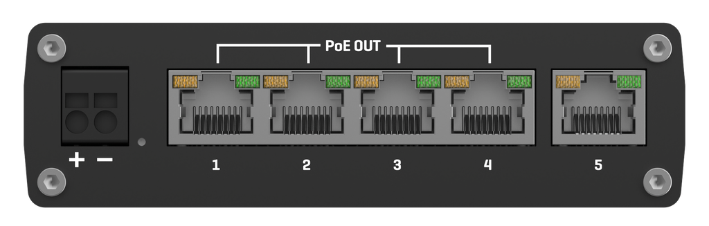 5 porttinen kytkin automotive 12V tai 24V kytkentä PoE+ 1GB 802.3af/at 62w PnP