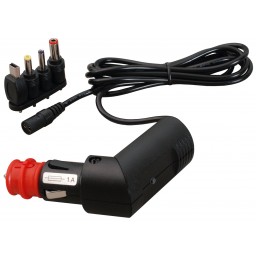 Vinklad cigarettändarladdare 12-24 V till 5 V/2 A, 4 DC-kontakter: Mini-USB/2,5/4,0/3,5 mm