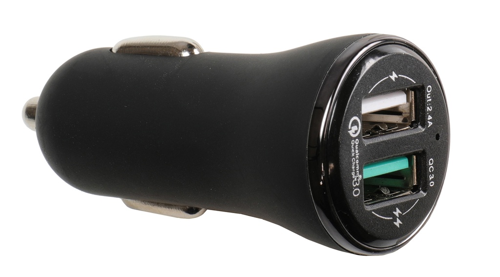 Cigarettändaradapter, 2x USB-A, Brodit, 2,4/3,0 A, QC 3.0 Qualcomm