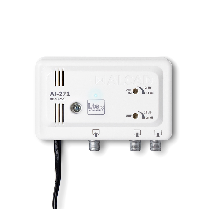 Home distribution amplifier 2 outputs LTE700 UHF 12-24 dB, VHF/FM (-2)-14 dB