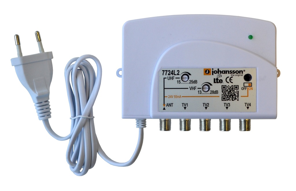 Home distribution amplifier V13-28 dB/U15-25 dB 40-694Hz LTE700 filtering, 4 outputs