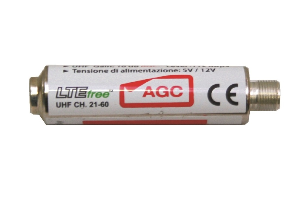 UHF-förförstärkare, 15 dB, 5-12 V, AGC, 112 dBµV, F-hane/F-hona