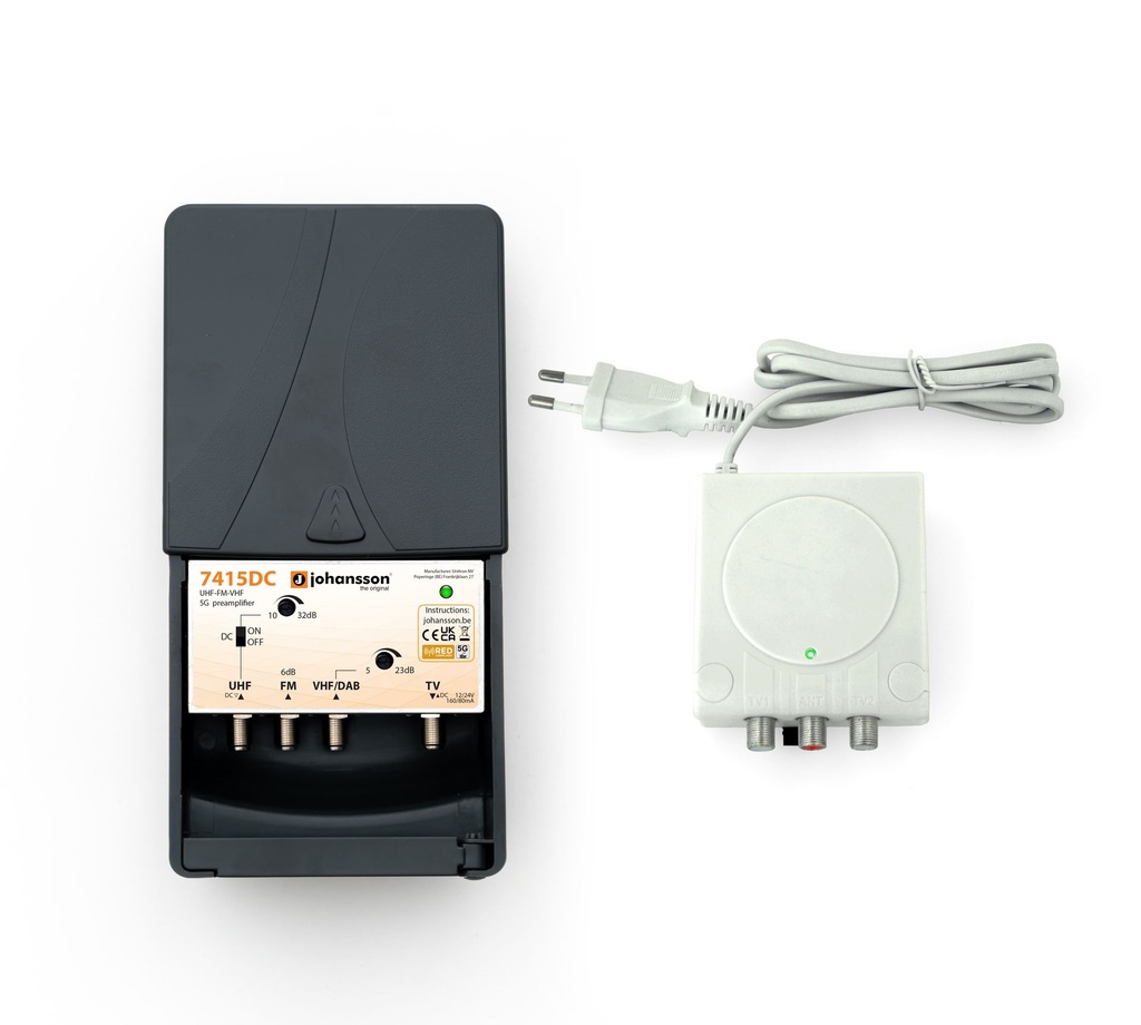 Mastovahvistin FM/VHF/UHF 10-32 dB 3 tuloa, LTE700 +verkkol. 12-24 V DC