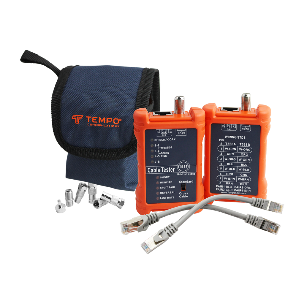 Network and A/V cable tester for RJ45, includes F/RCA/BNC adapters