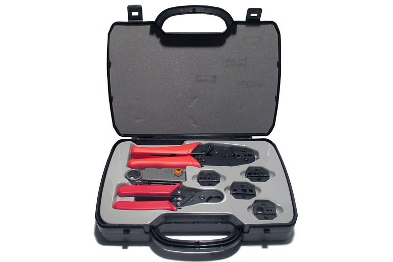 Crimping-tool set for RG58/RG59/RG6 with five die sizes