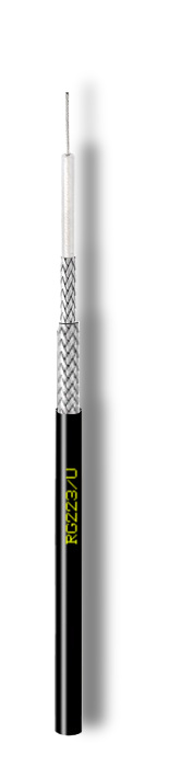 RG223 Fca 0,9/2,95 mm Ø5,4 mm 50 Ohm hopeoitu PVC musta K500