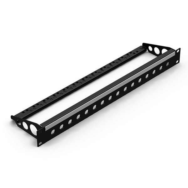 19" rack panel 16× BNC cut-out 1U cable support + strain relief