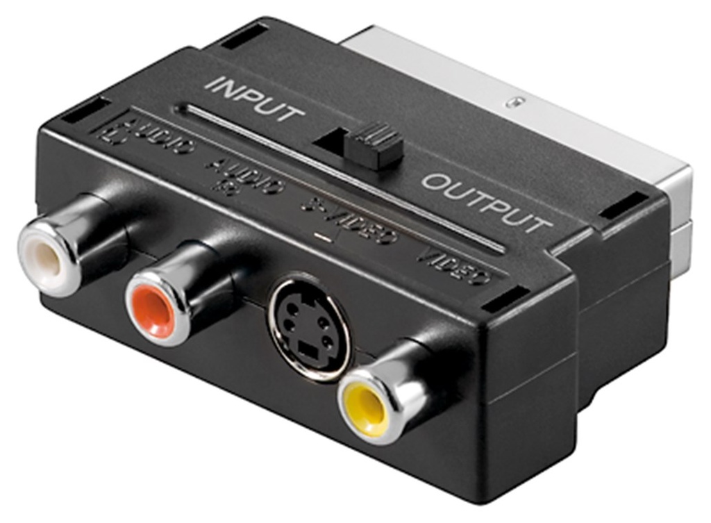 Switchable SCART/3xRCA video + audio + S-Video adapter (in/out)