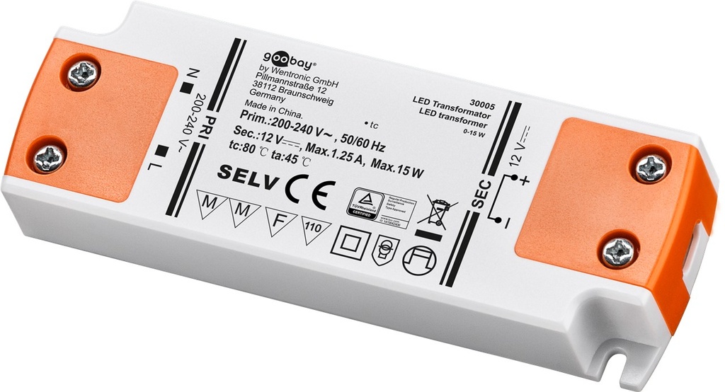 LED power supply, 200–240 V input, 12 V DC/15 W (1,250 mA) output, screw terminals, non-dimmable