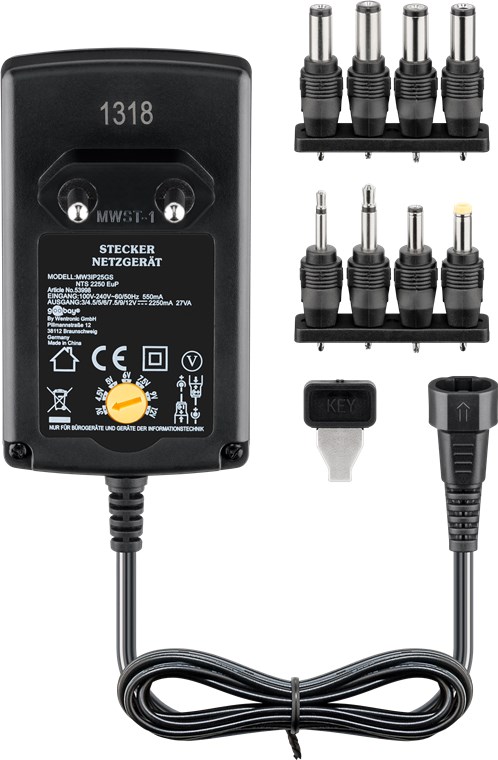 Power supply, 100–240 V input, 3–12 V/2.25 A output, 8 DC plugs, 27 W