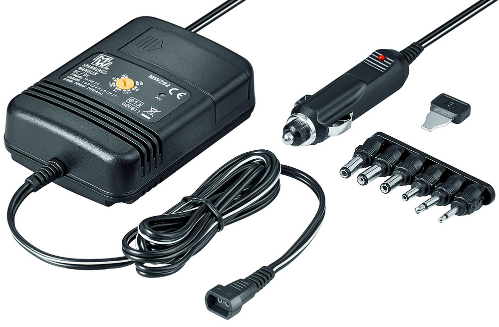 Car cigarette-lighter DC converter, 12–24 V input, 1.5–12 V/2 A output, 5 DC plugs