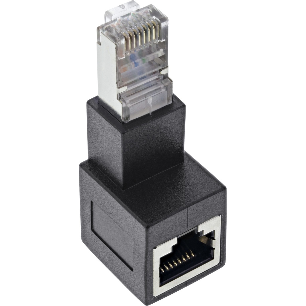 CAT6a adapter, vinkelkontakt nedåtriktad RJ45 hane/hona, 90° vinkel