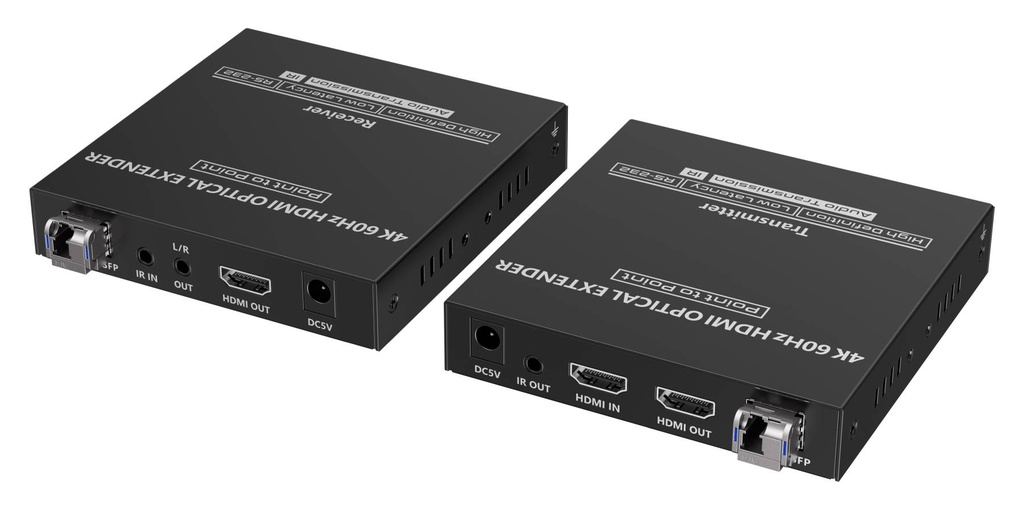 HDMI fiberförlängare 4K@60 Hz 4:4:4 upp till 40 km, IR, RS232, Audio 3,5 mm LC single mode