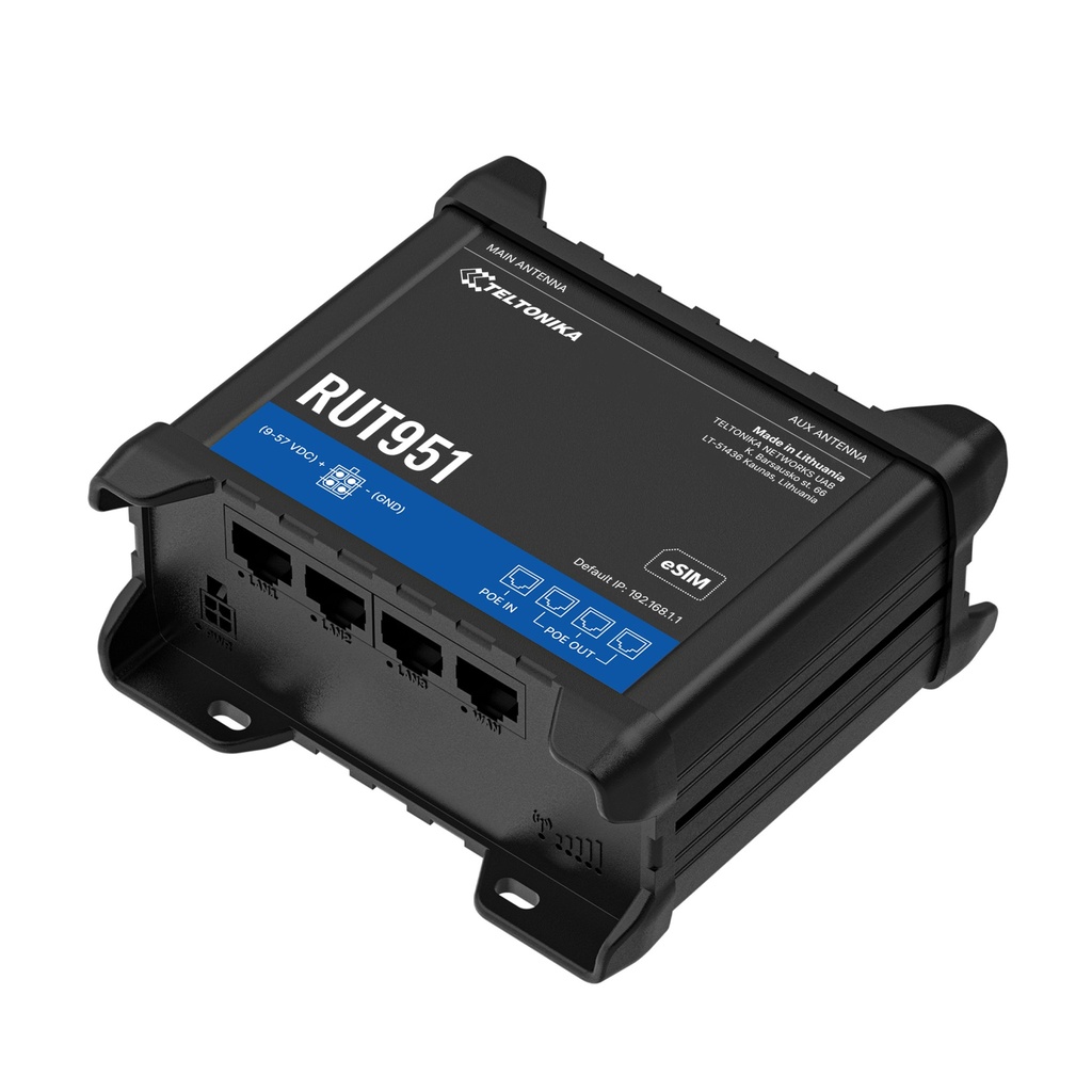RUT951 PoE+ 4G-router WiFi4 2×SIM eSIM Cat 4