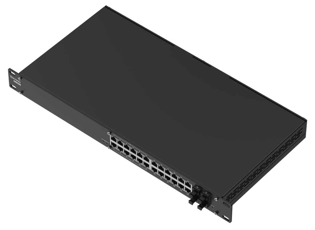 24-porttinen 1000 Mbps hallittu PoE+ kytkin josta 12 kpl POE+ 4xSFP 30W/portti