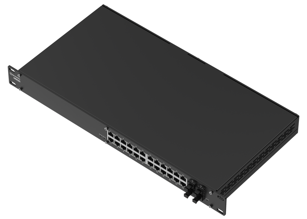 24-porttinen 1000 Mbps hallittu kytkin josta 12 kpl POE+ 4xSFP  