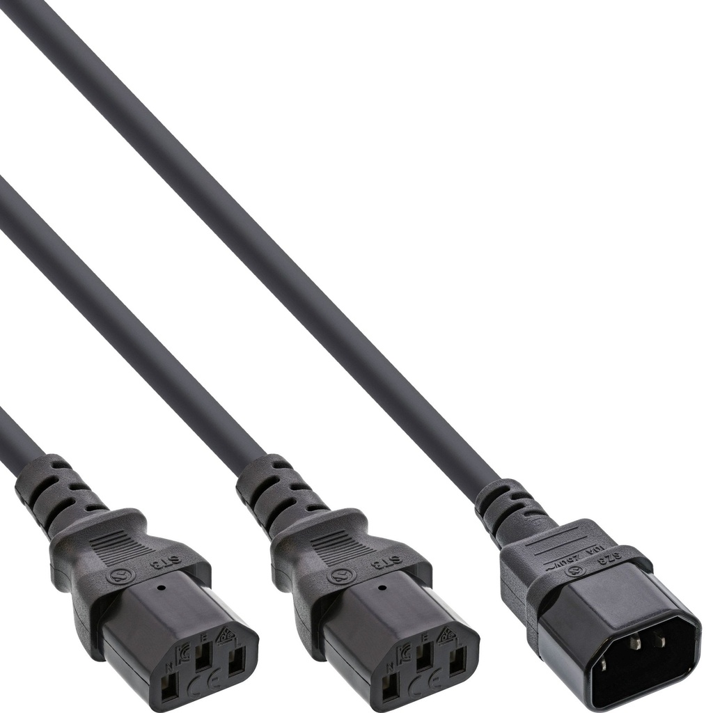 Verkkojohto Y-haara 1x IEC-C14 > 2x IEC-C13