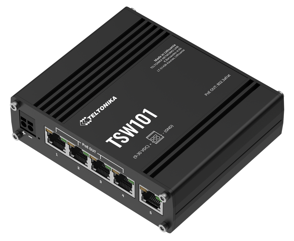 5‑porttinen 1000 Mbps automotive 12V tai 24V PoE+ kytkin 60W IP30  