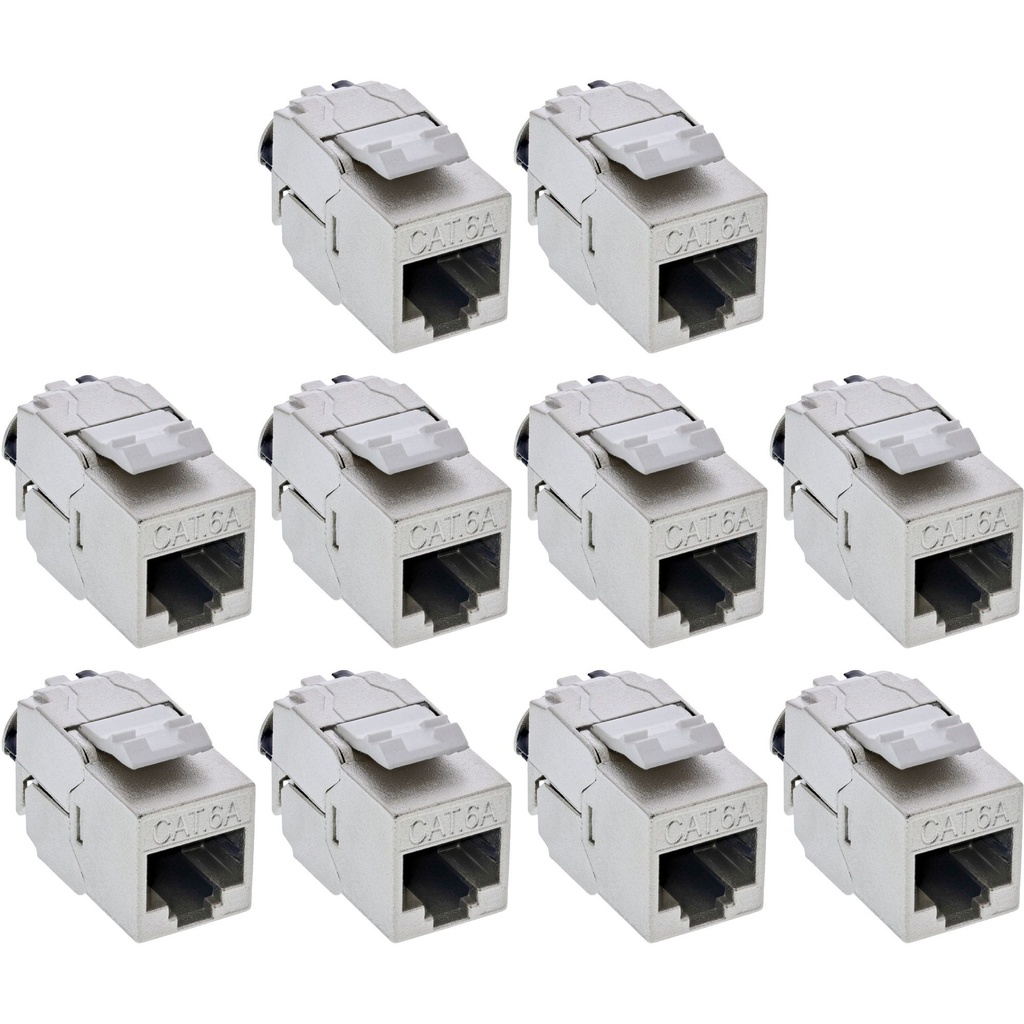 CAT6a-jack RJ45 skärmad Keystone-modul metall 10 st, integrerat buntband