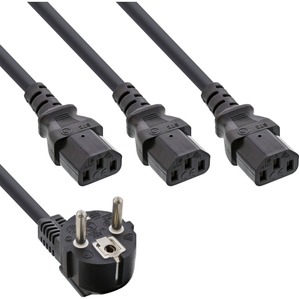 Verkkojohto Y-haara 1x CEE 7/7 > 3x IEC-C13 musta