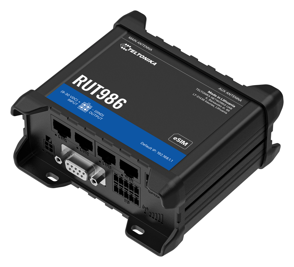 RUT986 4G-reititin Global version CAT4 WiFi4 4xEthernet 2xSIM/eSIM RS232/RS485 GNSS