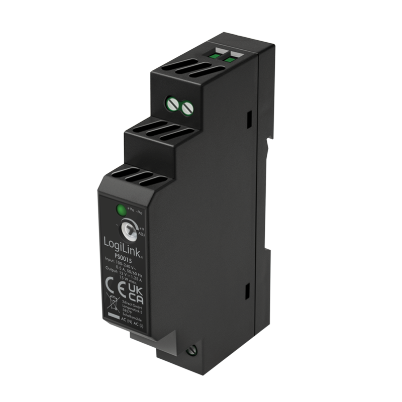 DIN-kiskovirtalähde 12 V DC 1,25 A 15 W, 100–240 V AC, LogiLink PS0015