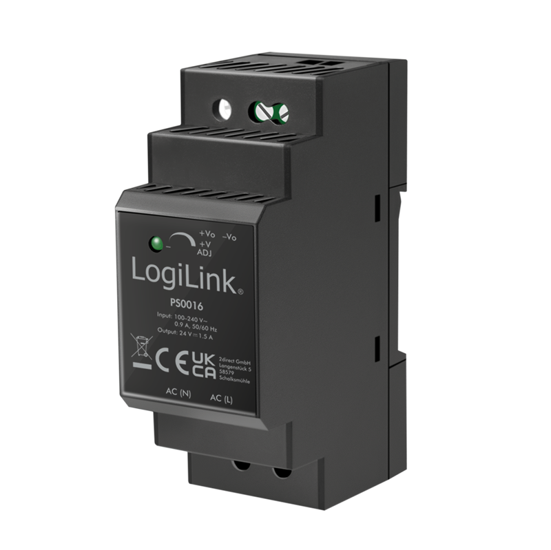 DIN-skenaggregat 24 V DC 1,5 A 36 W, 100–240 V AC, LogiLink PS0016