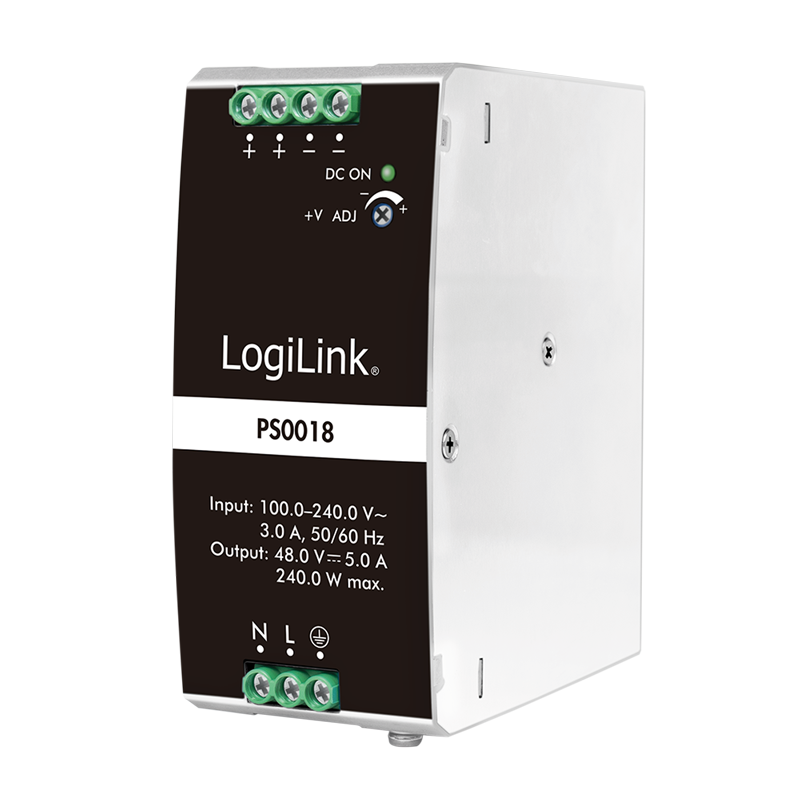 DIN rail power supply 48 V DC 5 A 240 W, 100–240 V AC, PFC, LogiLink PS0018