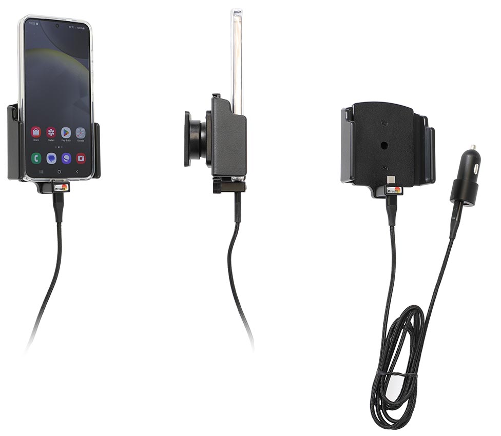 Laddande telefonhållare, justerbar bredd 70–83 mm, tjocklek 2–10 mm, USB-C, cigarettändaradapter med USB-A- och USB-C-uttag – Brodit