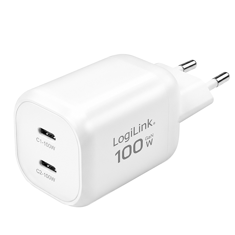 USB-C fast charger 100 W GaN, 2 × USB-C PD 3.0, white, LogiLink PA0422