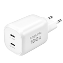 USB-C fast charger 100 W GaN, 2 × USB-C PD 3.0, white, LogiLink PA0422