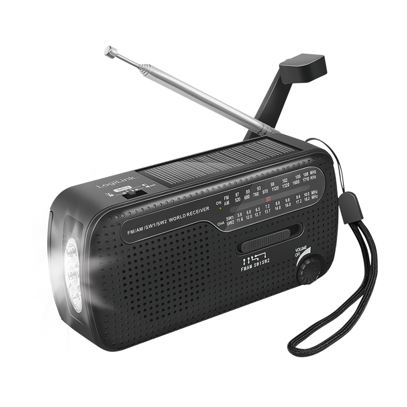 Hätäradio FM/AM/SW aurinkopaneelilla ja kammella, 1200 mAh varavirtalähde, LED-valo ja SOS, musta, LogiLink SP0074