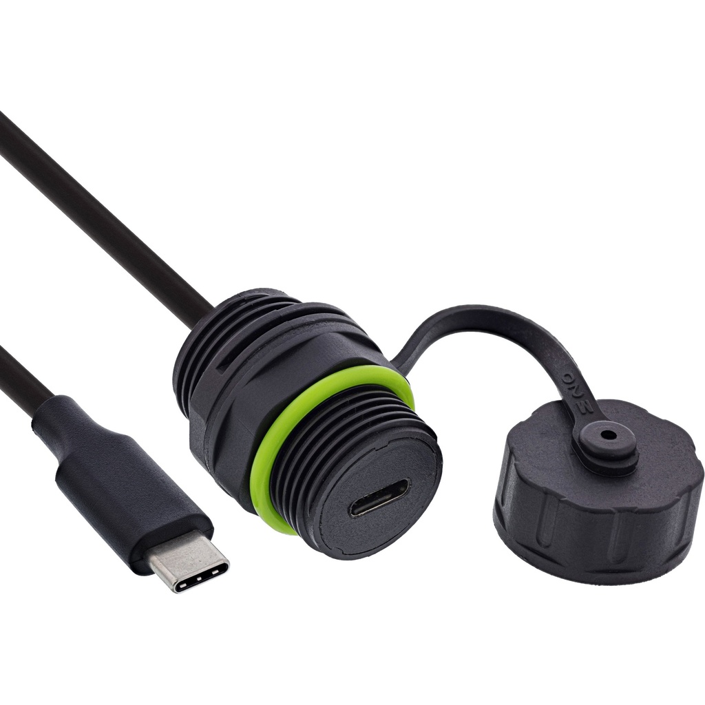 InLine USB-C-läpivientiliitin IP68, suojattu, USB-C naaras / uros 0,5 m kaapelilla