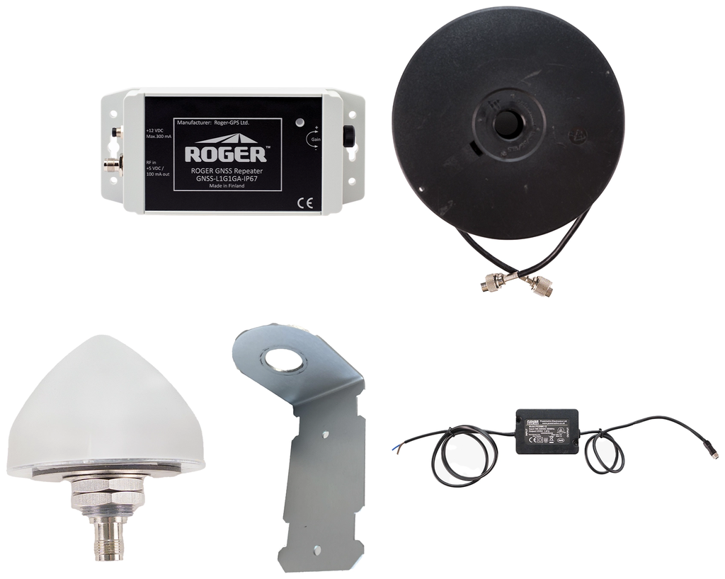 Roger GNSS IP67 repeater kit with IP67 power supply, cable, antenna and mount